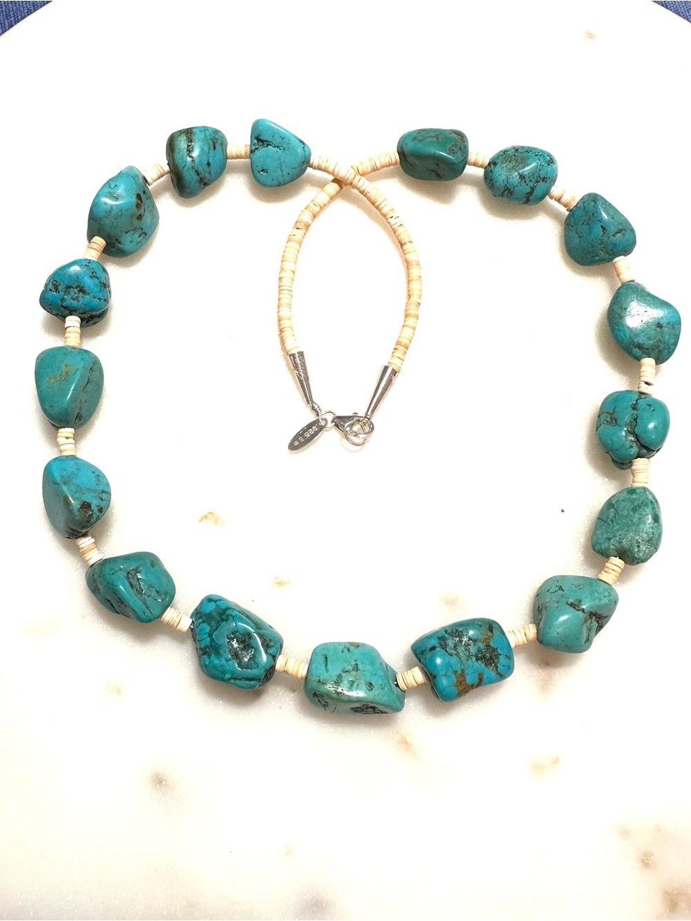 Southwest Style Turquoise Nugget And Heishi Shell Bead Sterling Silver Necklace